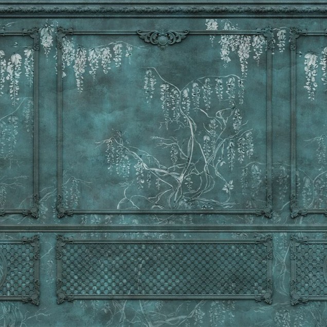 Imagine cu tapet Royal Vines Deep, cu un design elegant, ce reinterpretează stilul clasic cu o nota modernă. Tonurile de albastru închis și accentele delicate de alb creează un contrast elegant și o atmosferă intimă.