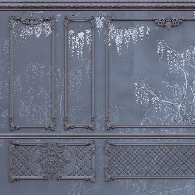 Tapet cu design clasic cu viță de vie în nuanțe de gri închis.