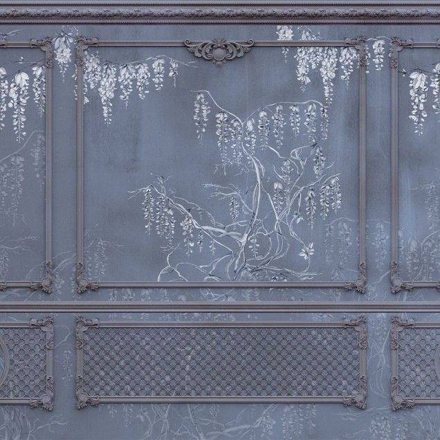 Tapet cu design clasic cu viță de vie în nuanțe de gri închis.