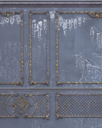 Tapet Royal Vines (Antique Storm) cu model clasic, viță de vie pe un fundal gri închis. Imaginea prezintă un living decorat cu tapetul.