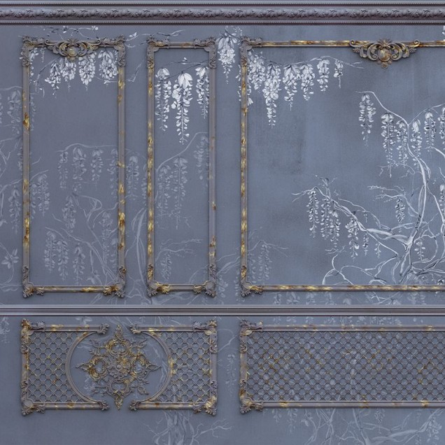 Tapet Royal Vines (Antique Storm) cu model clasic, viță de vie pe un fundal gri închis. Imaginea prezintă un living decorat cu tapetul.