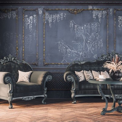 Tapet Royal Vines (Antique Storm) cu model clasic, viță de vie pe un fundal gri închis. Imaginea prezintă un living decorat cu tapetul.