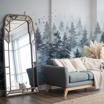 Tapet cu design modern, inspirat din pădure, cu copaci acoperiți de ceață, potrivit pentru living, dormitor sau birou.