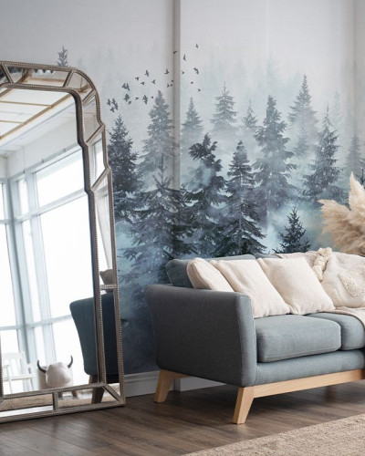 Tapet cu design modern, inspirat din pădure, cu copaci acoperiți de ceață, potrivit pentru living, dormitor sau birou.