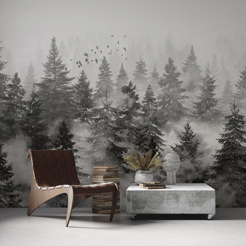Tapet cu design modern, inspirat din pădure, cu copaci acoperiți de ceață, potrivit pentru living, dormitor sau birou.