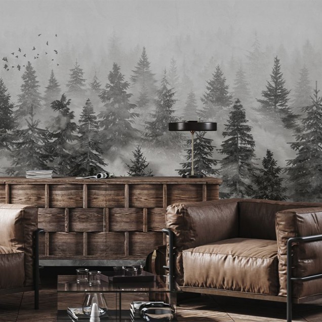 Tapet cu design minimalist, prezentând o pădure învăluită în ceață, cu o paletă de griuri și negru.
