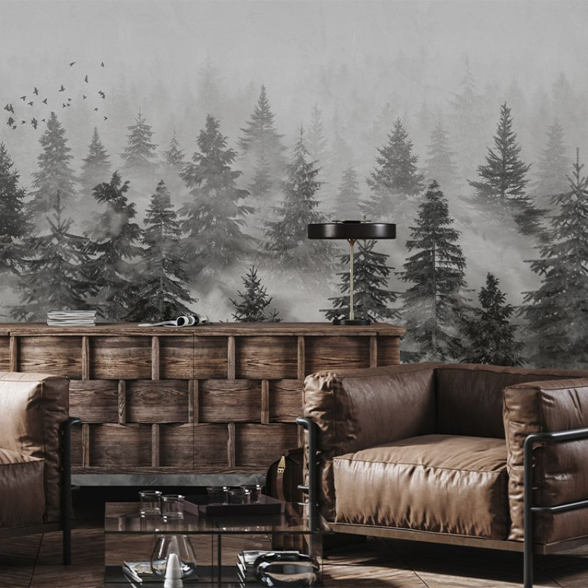 Tapet cu design modern, inspirat din pădure, cu copaci acoperiți de ceață, potrivit pentru living, dormitor sau birou.