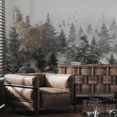 Tapet cu design minimalist, prezentând o pădure învăluită în ceață, cu o paletă de griuri și negru.