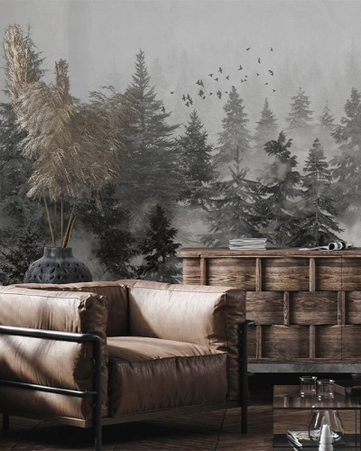 Tapet cu design minimalist, prezentând o pădure învăluită în ceață, cu o paletă de griuri și negru.