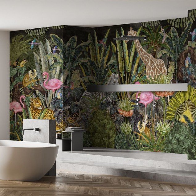 Tapet cu design exotic cu zebre, girafe și flamingo roz