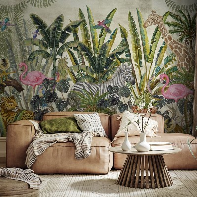 Tapet cu design exotic cu zebre, girafe și flamingo roz