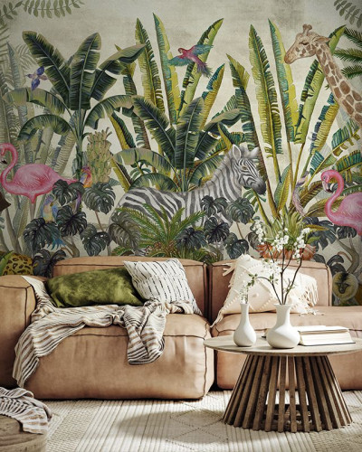 Tapet cu design exotic cu zebre, girafe și flamingo roz
