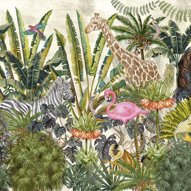 Tapet cu design exotic cu zebre, girafe și flamingo roz