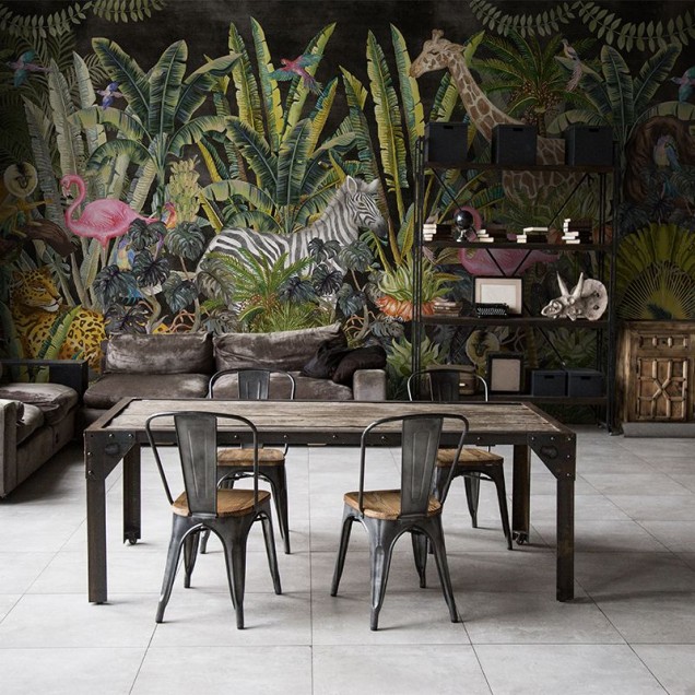 Tapet cu design exotic cu zebre, girafe și flamingo roz
