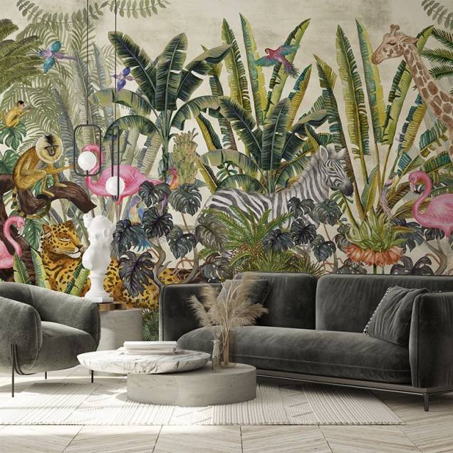 Tapet cu design exotic cu zebre, girafe și flamingo roz