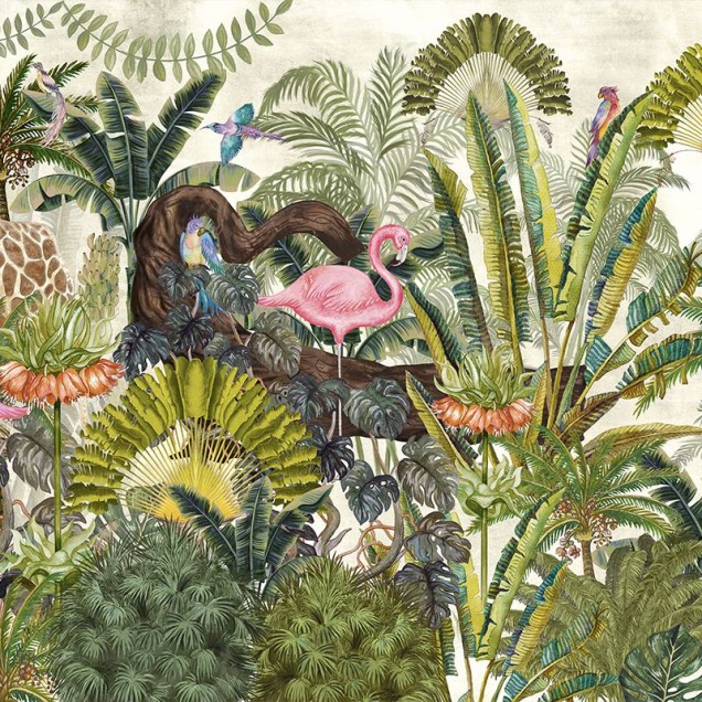 Tapet cu design exotic cu zebre, girafe și flamingo roz