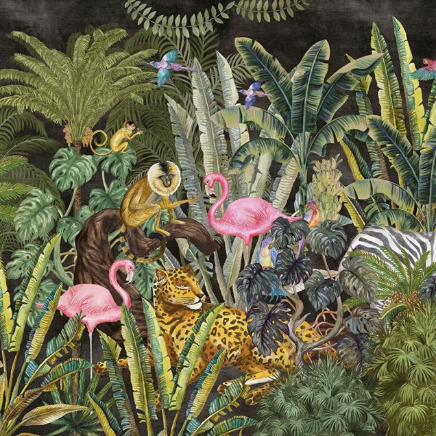 Tapet Jungleful (dark) cu design exotic - flamingo roz, zebra elegant și fundal întunecat.