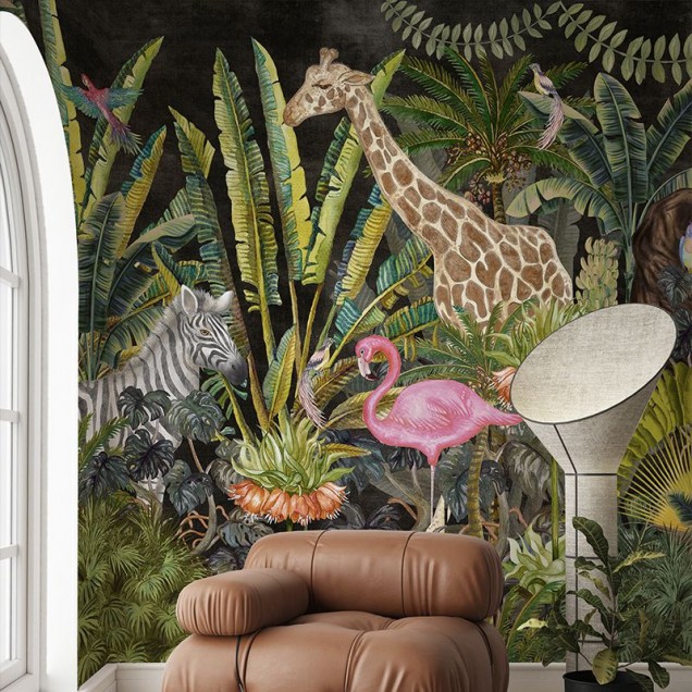 Tapet Jungleful (dark) cu design exotic - flamingo roz, zebra elegant și fundal întunecat.