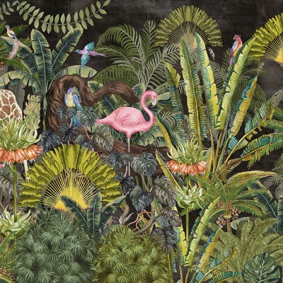 Tapet Jungleful (dark) cu design exotic - flamingo roz, zebra elegant și fundal întunecat.