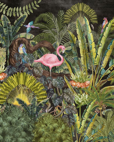 Tapet Jungleful (dark) cu design exotic - flamingo roz, zebra elegant și fundal întunecat.
