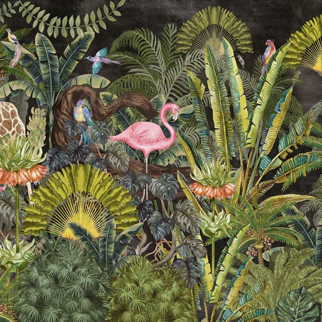 Tapet Jungleful (dark) cu design exotic - flamingo roz, zebra elegant și fundal întunecat.