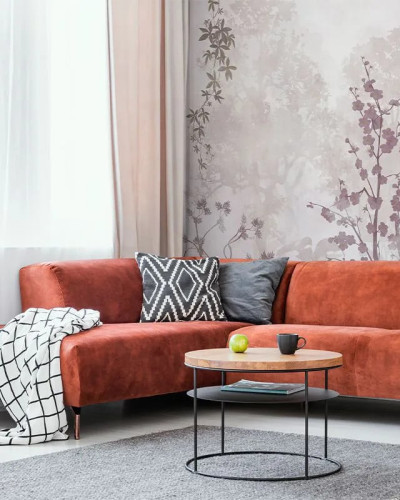 Fototapet floral personalizat într-un living modern
