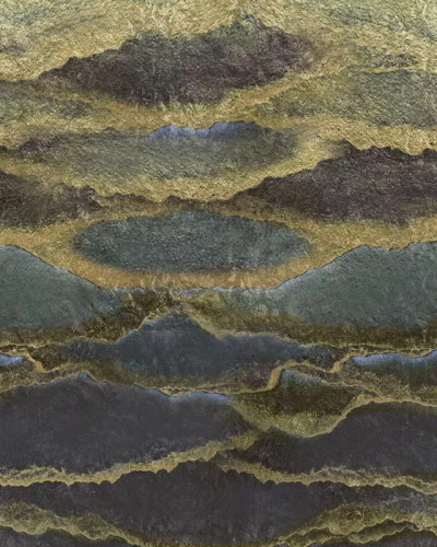 Tapet cu design abstract cu munți și valuri aurii