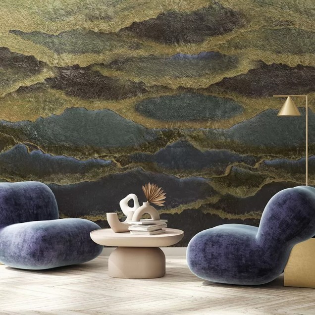Tapet cu design abstract cu munți și valuri aurii