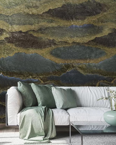 Tapet cu design abstract cu munți și valuri aurii