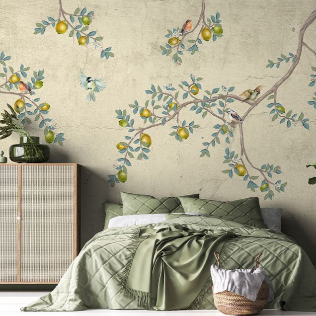 Fototapet crem cu design de ramuri, frunze si pasari