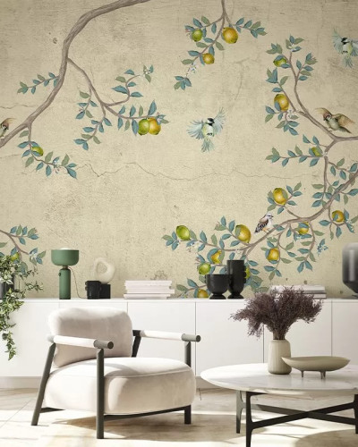 Fototapet crem cu design de ramuri, frunze si pasari