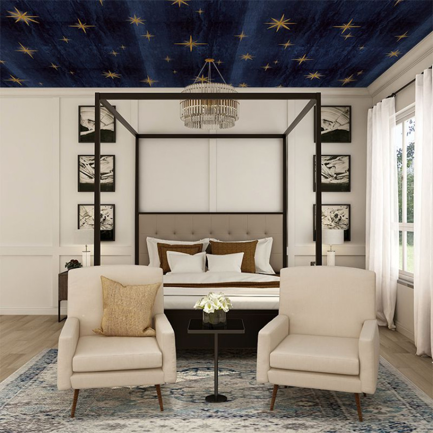 Tapet Stars Olive texturat, cu design inspirat dintr-o bibliotecă veche, cu rafturi pline de cărți vechi și un tavan boltit cu stele aurii.