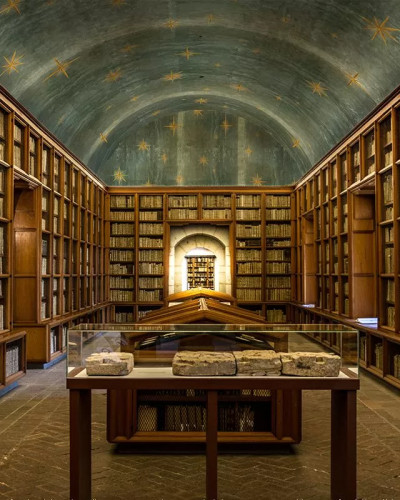 Tapet Stars Olive texturat, cu design inspirat dintr-o bibliotecă veche, cu rafturi pline de cărți vechi și un tavan boltit cu stele aurii.