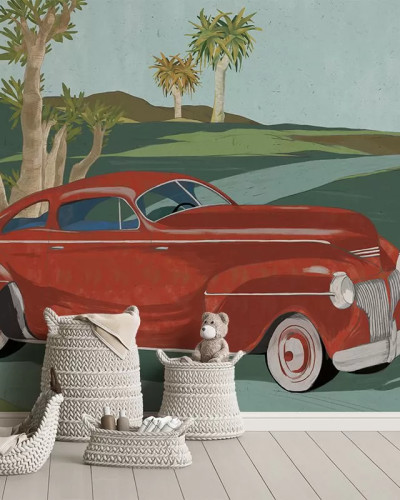 Tapet cu o masina rosie retro intr-un peisaj cu palmieri