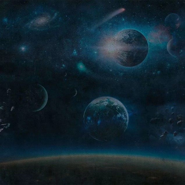 Tapet Blue Universe cu design astronomic, cu un univers plin de stele si planete