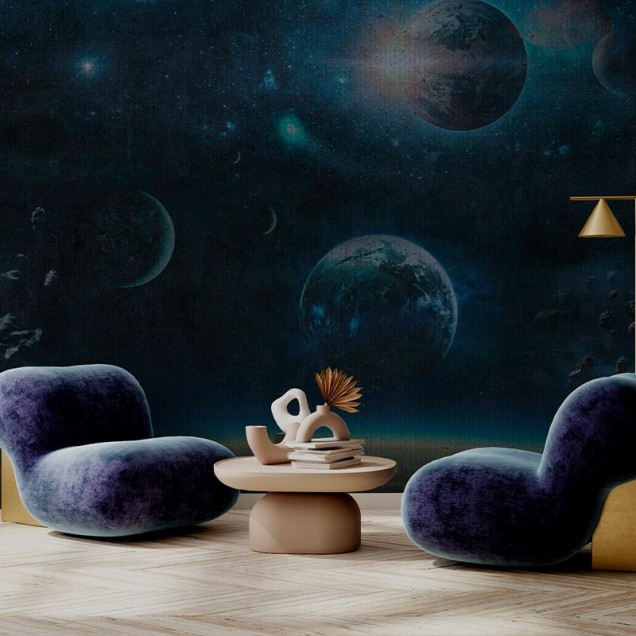 Tapet Blue Universe cu design astronomic, cu un univers plin de stele si planete