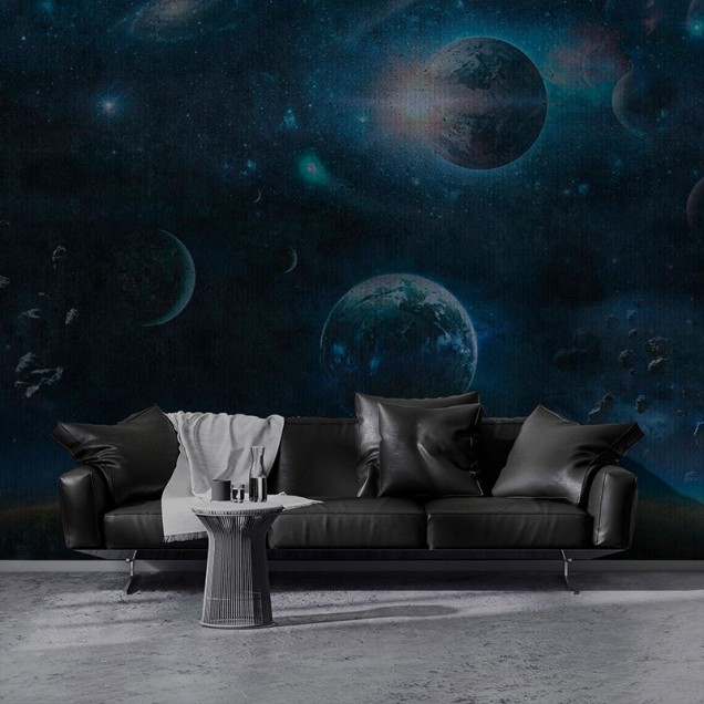 Tapet Blue Universe cu design astronomic, cu un univers plin de stele si planete