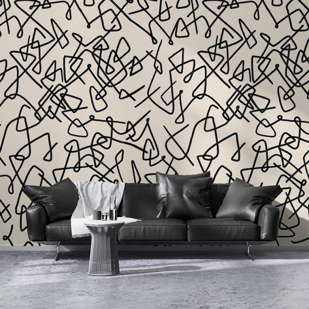 Tapet cu design modern, cu motive grafice negre pe un fundal alb, perfect pentru un dormitor, living sau sală de mese.