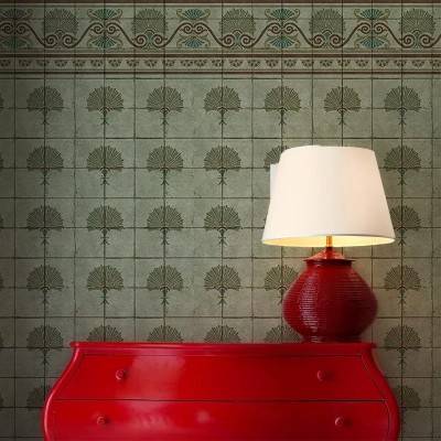 Tapet cu design Art Nouveau elegant, cu dale verzi.