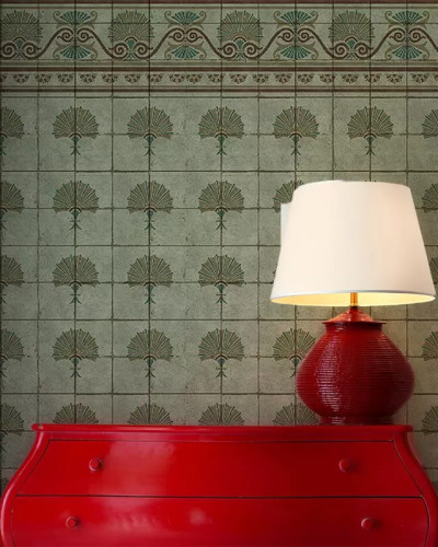 Tapet cu design Art Nouveau elegant, cu dale verzi.