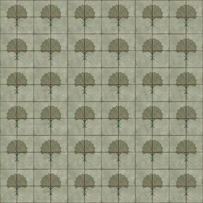 Tapet cu design Art Nouveau elegant, cu dale verzi.
