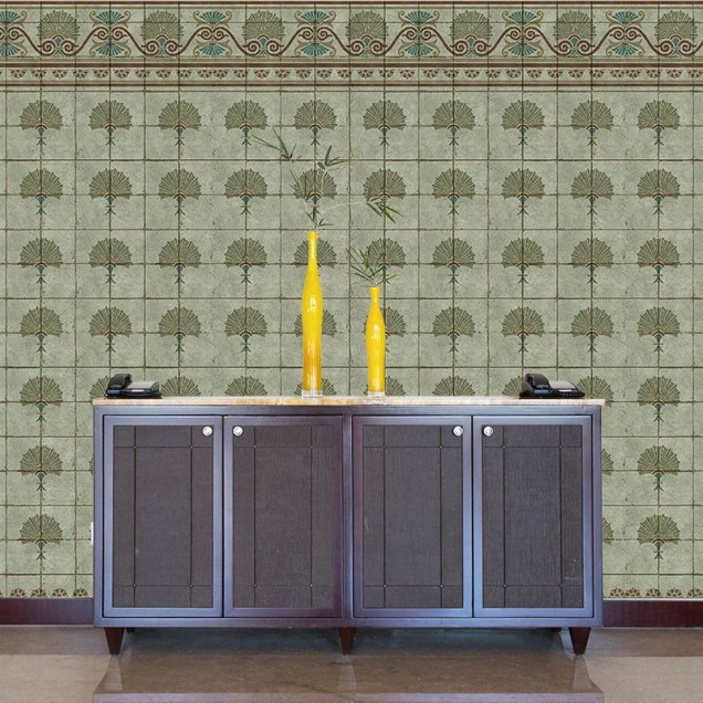 Tapet cu design Art Nouveau elegant, cu dale verzi.