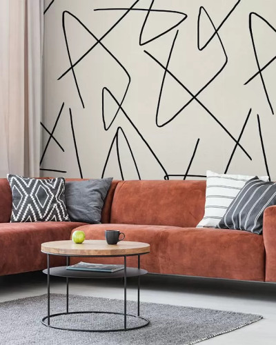 Tapet geometric modern cu linii negre pe un fundal crem