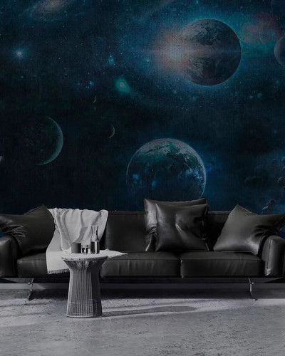 Fototapet cu univers albastru și planete pentru decor interior