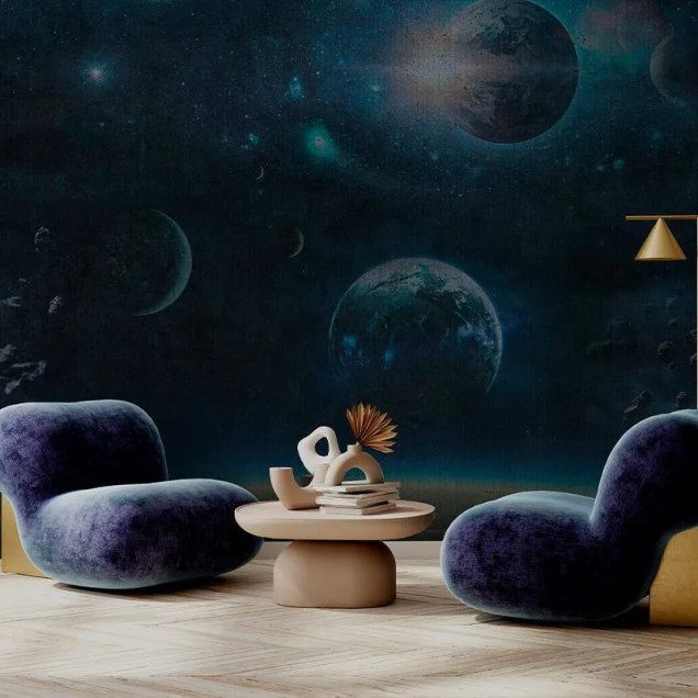 Fototapet cu univers albastru și planete pentru decor interior