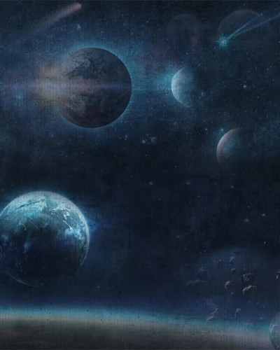 Fototapet cu univers albastru și planete pentru decor interior