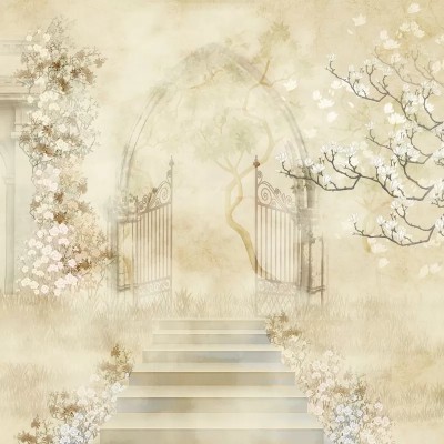 Tapet Safe Haven, un design romantic cu arcadă și o poartă către o grădină fermecătoare
