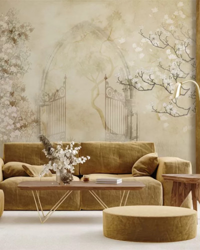 Tapet Safe Haven, un design romantic cu arcadă și o poartă către o grădină fermecătoare