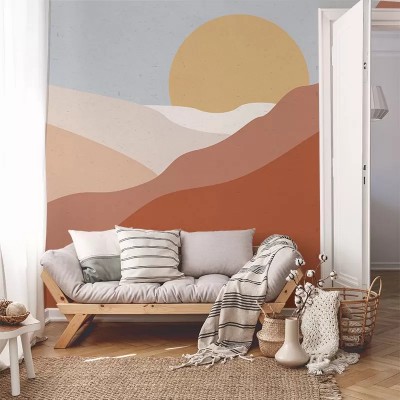 Tapet cu un design minimalist de deșert, cu un apus de soare peste dune de nisip.