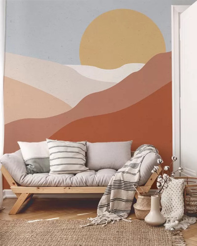 Tapet cu un design minimalist de deșert, cu un apus de soare peste dune de nisip.